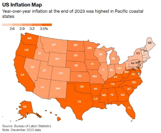 میزان تورم در ایالت های مختلف تا پایان 2023